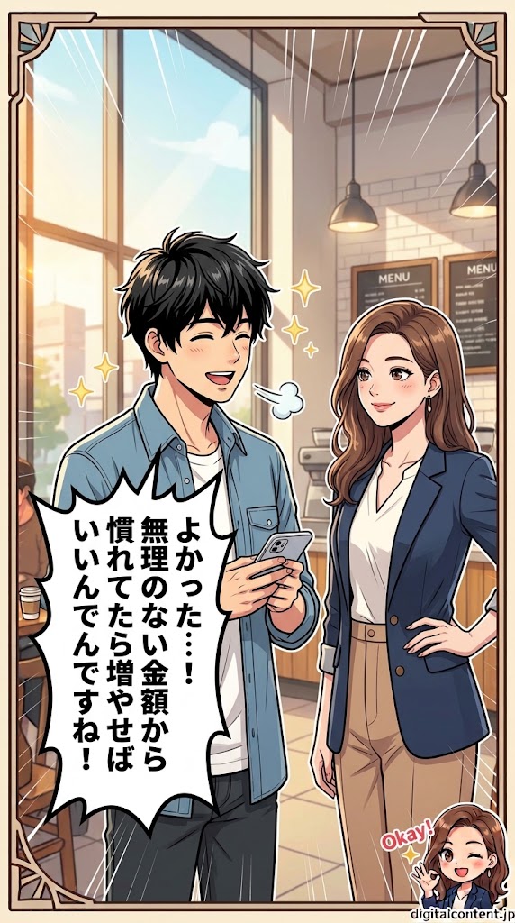 新NISAマンガ 第3話 12コマ目: 長期目線で育てる配当金生活のビジョン