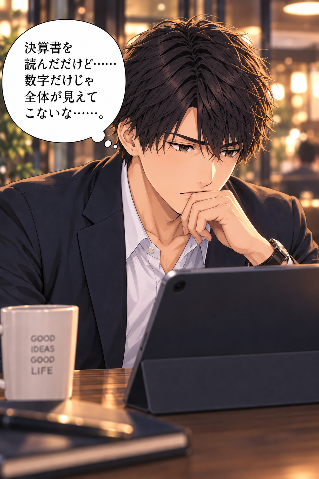 コマ56: 企業分析の楽しさを実感するキャラクターたち