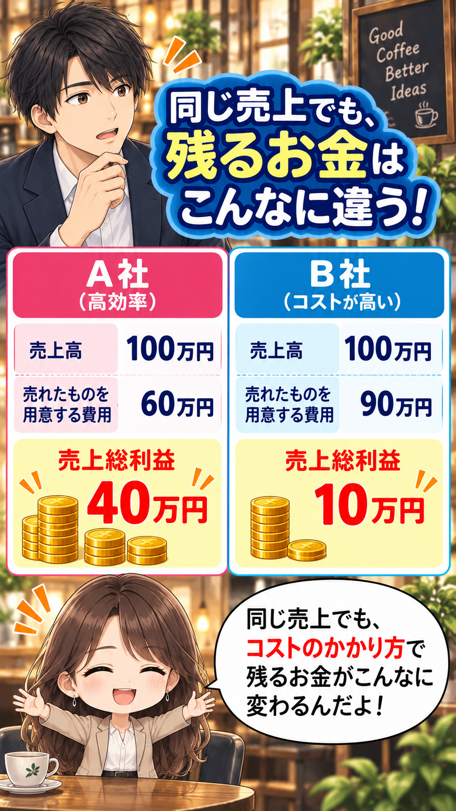 コマ25: 同じ売上でも残るお金はこんなに違う！（A社とB社の比較）