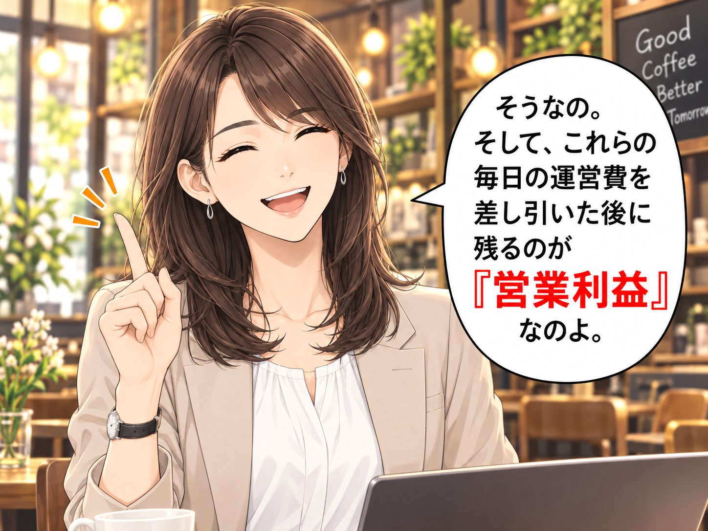 コマ32: 毎日の運営費を差し引いた後に残るのが『営業利益』なのよ