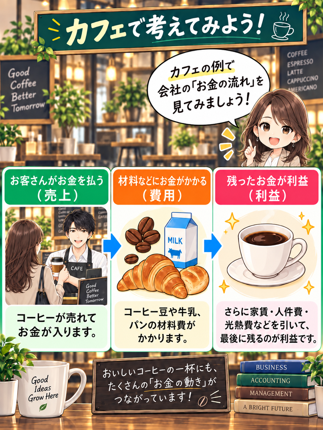 コマ6: 売上→費用→利益という大きな流れが大切
