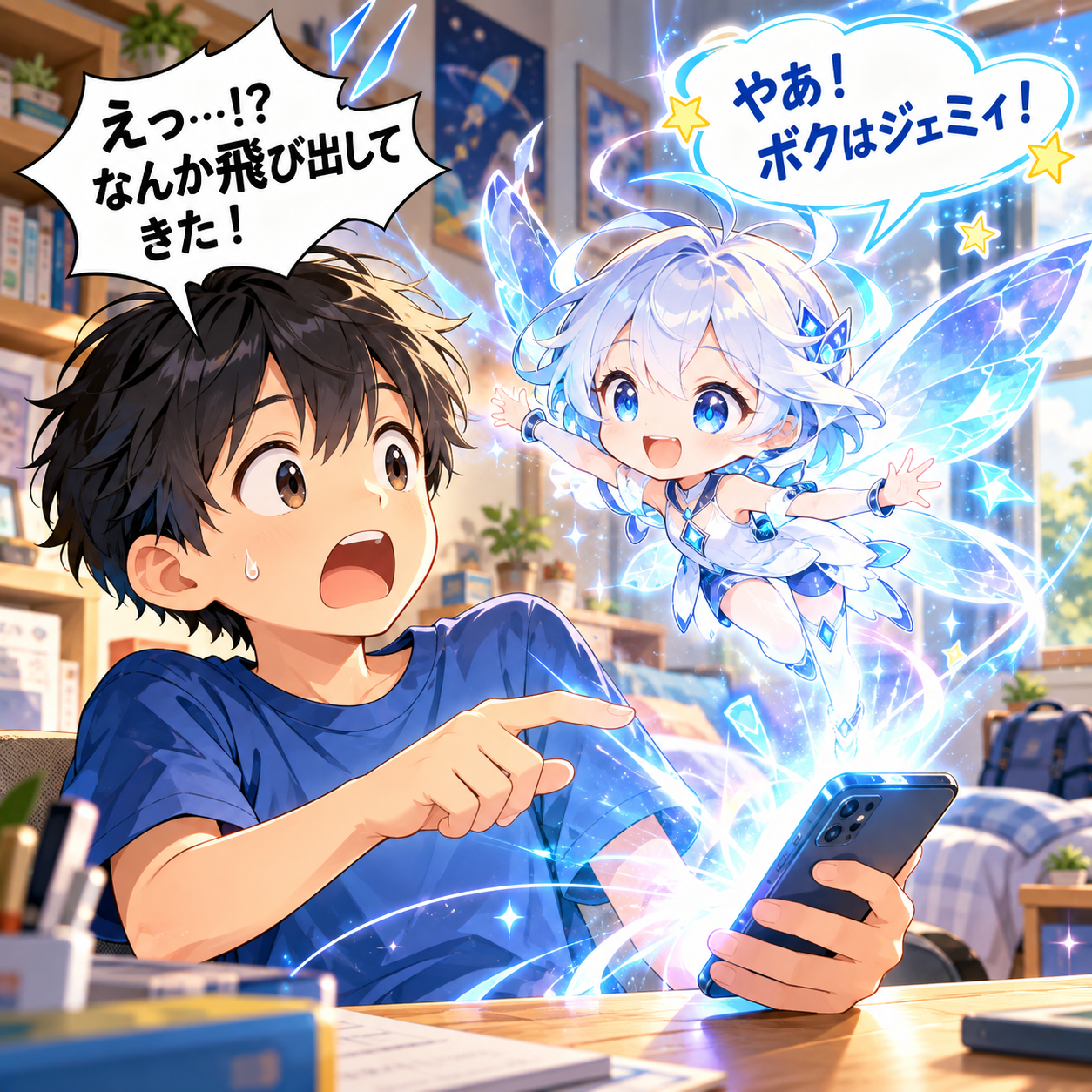 コマ1: えつ…！？なんか飛び出してきた！やあ！ボクはジェミィ！