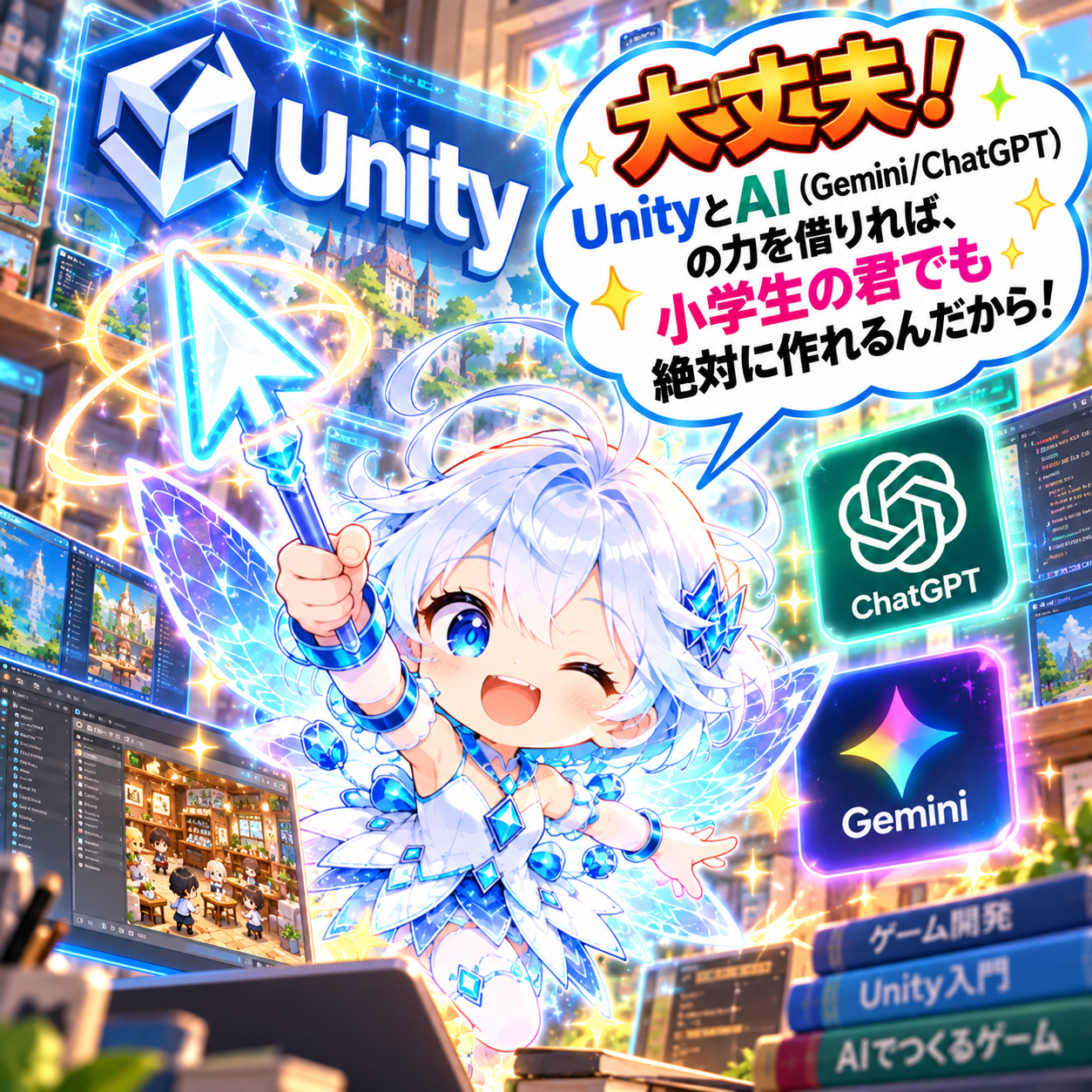 コマ10: 大丈夫！UnityとAI（Gemini/ChatGPT）の力を借りれば小学生の君でも絶対に作れるんだから！