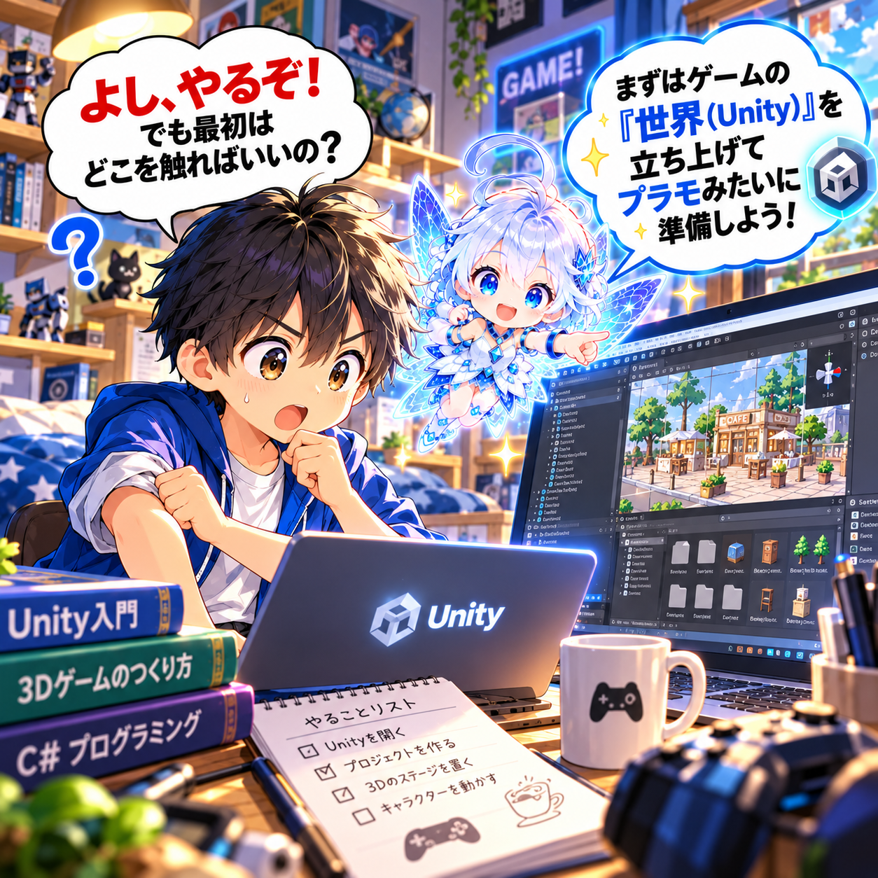 コマ13: よし、やるぞ！でも最初はどこを触ればいいの？まずは世界（Unity）を立ち上げよう！
