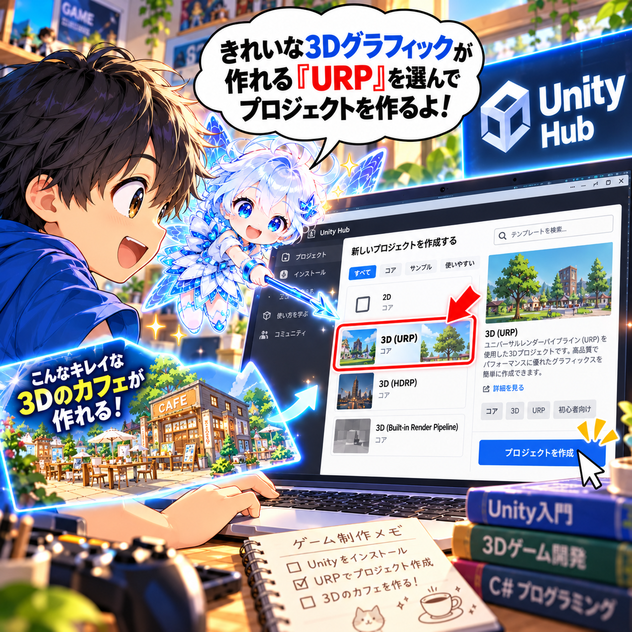 コマ14: きれいな3Dグラフィックで作れる『URP』を選んでプロジェクトを作るよ！
