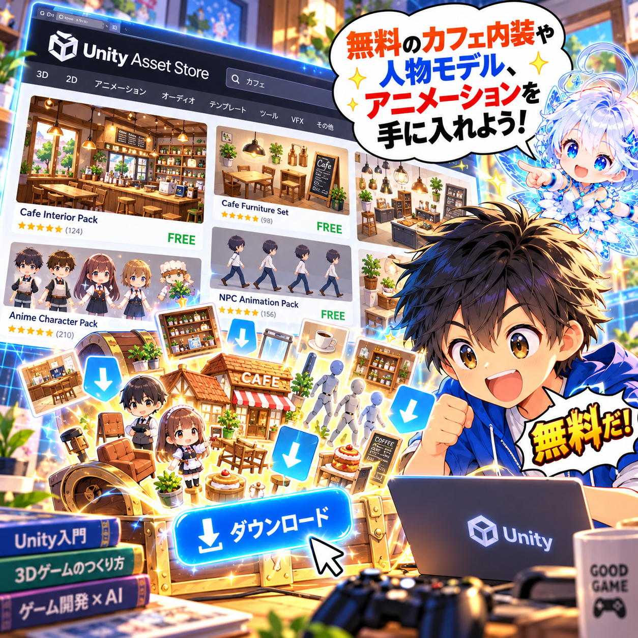 コマ15: 無料のカフェ内装や人物モデル、アニメーションを手に入れよう！Asset Store