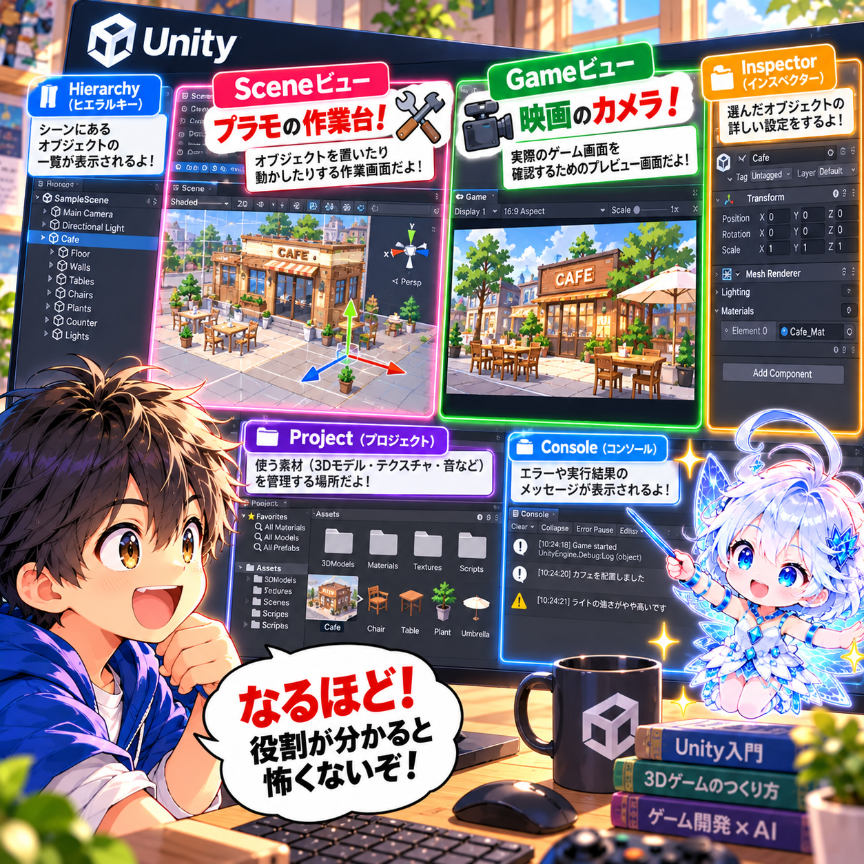 コマ16: Unityの各画面ビュー解説（Hierarchy, Scene, Game, Inspector, Project, Console）