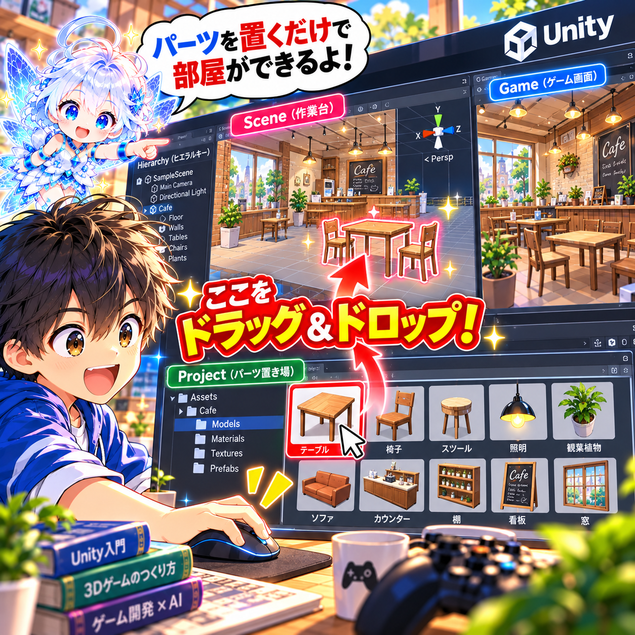 コマ17: パーツを置くだけで部屋ができるよ！ドラッグ＆ドロップ！