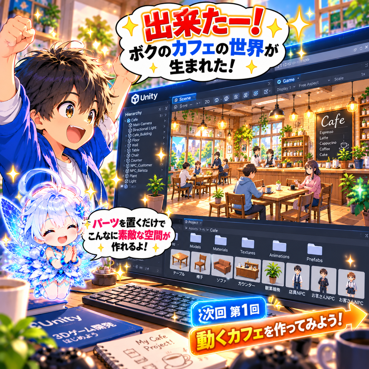 コマ18: 出来たー！ボクのカフェの世界が生まれた！次回 第1回 動くカフェを作ってみよう！
