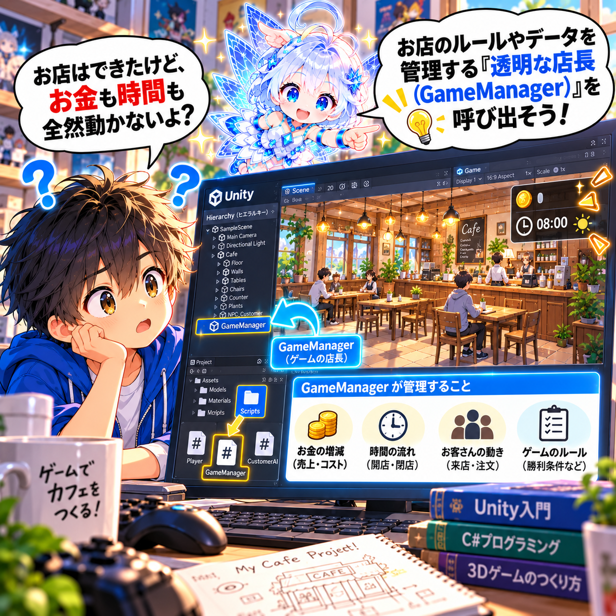 コマ19: お店はできたけどお金も時間も全然動かないよ？透明な店長（GameManager）を呼び出そう！