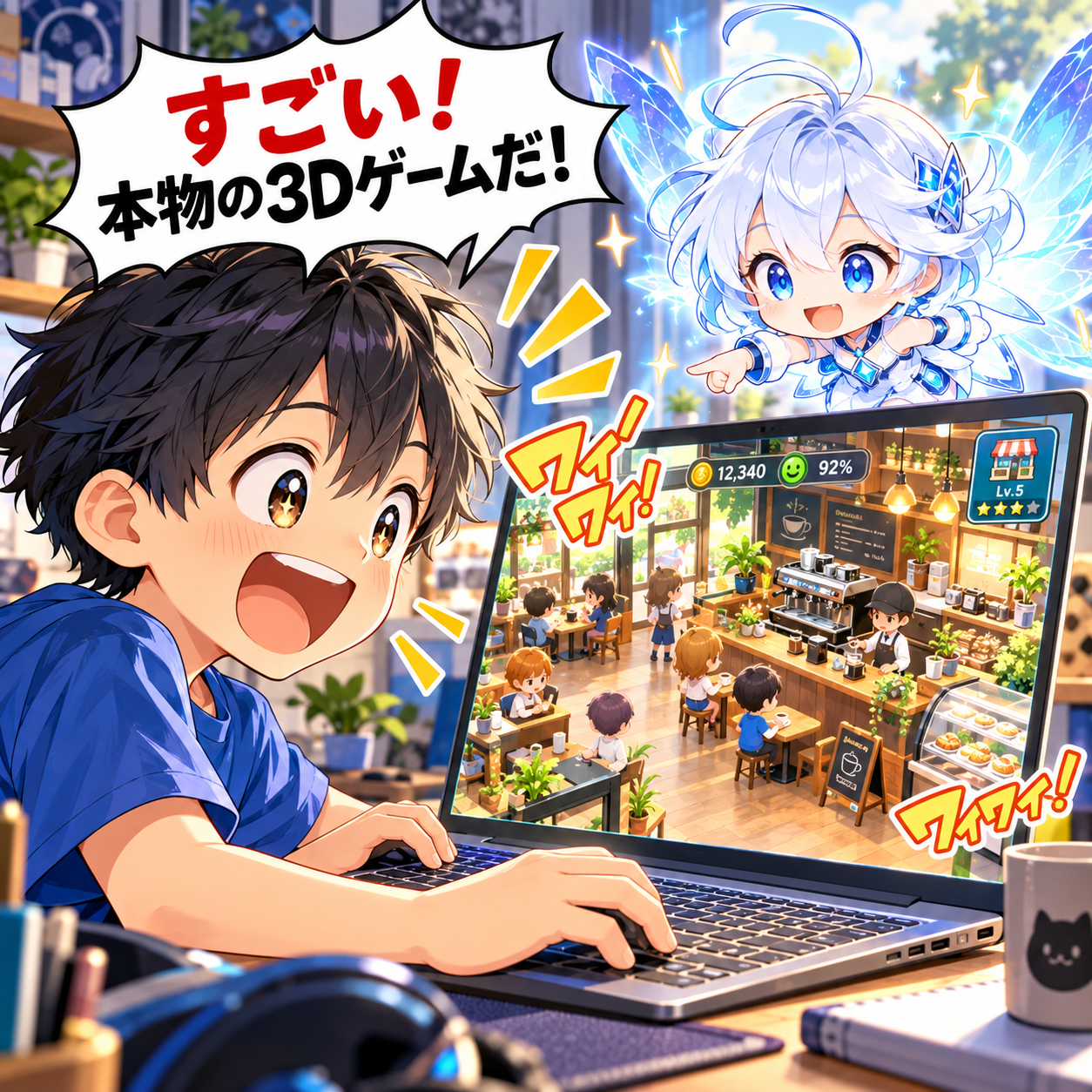 コマ2: すごい！本物の3Dゲームだ！ワイワイ！