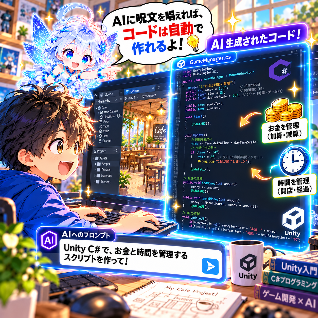コマ20: AIに呪文（プロンプト）を唱えればコードは自動で作れるよ！GameManager.cs