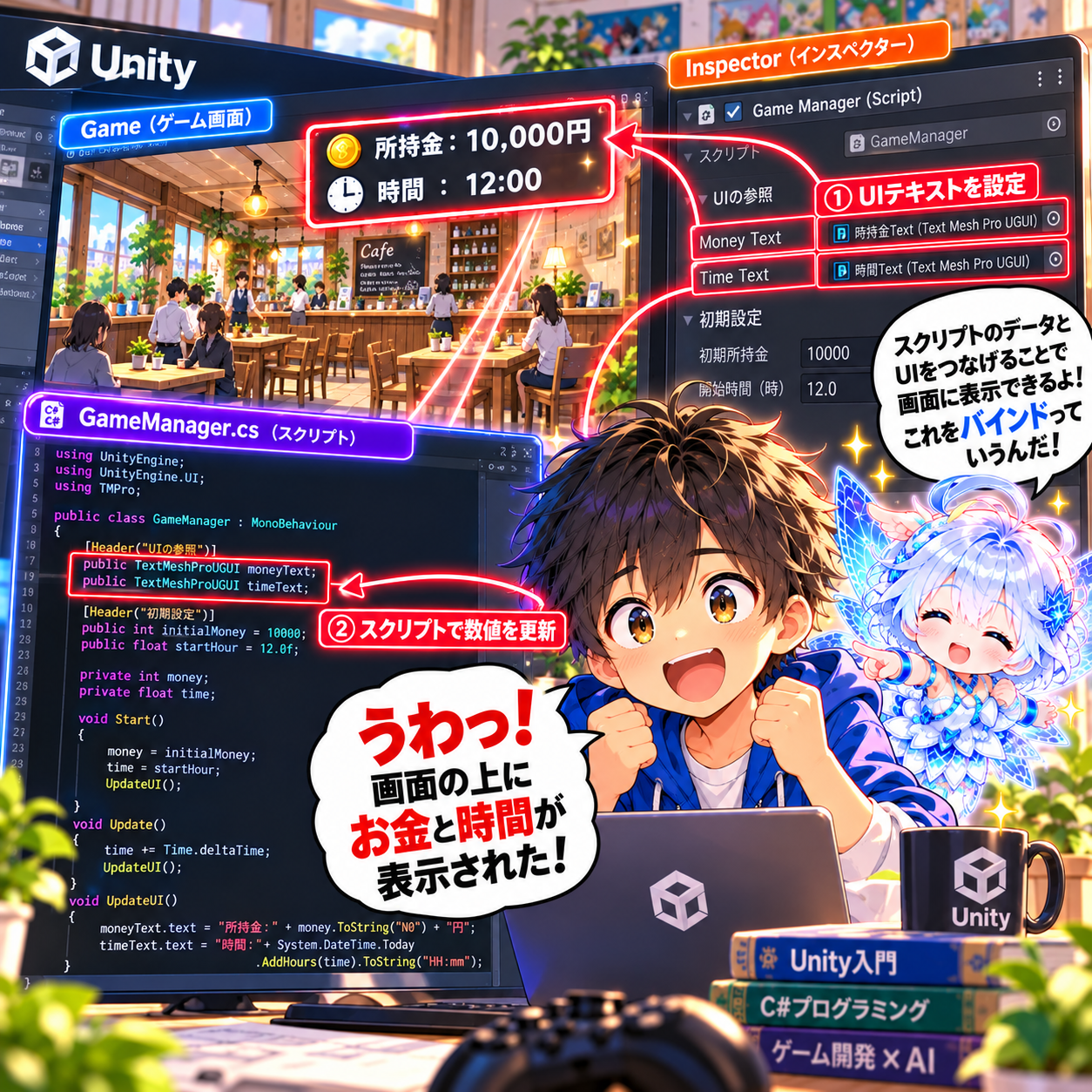 コマ21: 動的パラメータバインド！うわっ！画面の上にお金と時間が表示された！