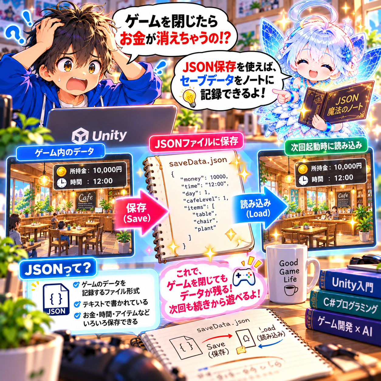 コマ22: ゲームを閉じたらお金が消えちゃうの！？JSON保存を使えばセーブデータが残るよ！