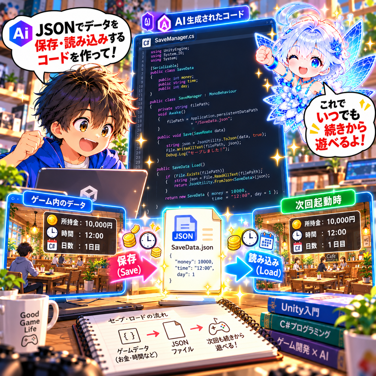 コマ23: AIでJSONデータ保存・読み込みコードを作成！これでいつでも続きから遊べるよ！