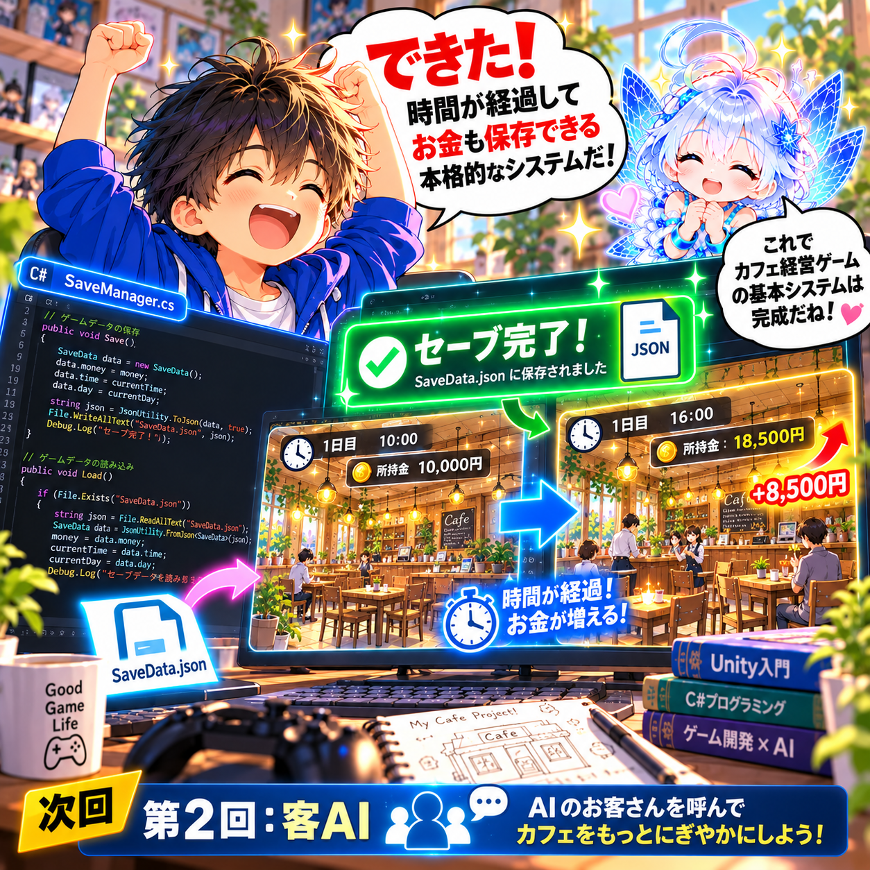 コマ24: できた！時間が経過してお金も保存できる本格的なシステムだ！次回 第2回 客AI