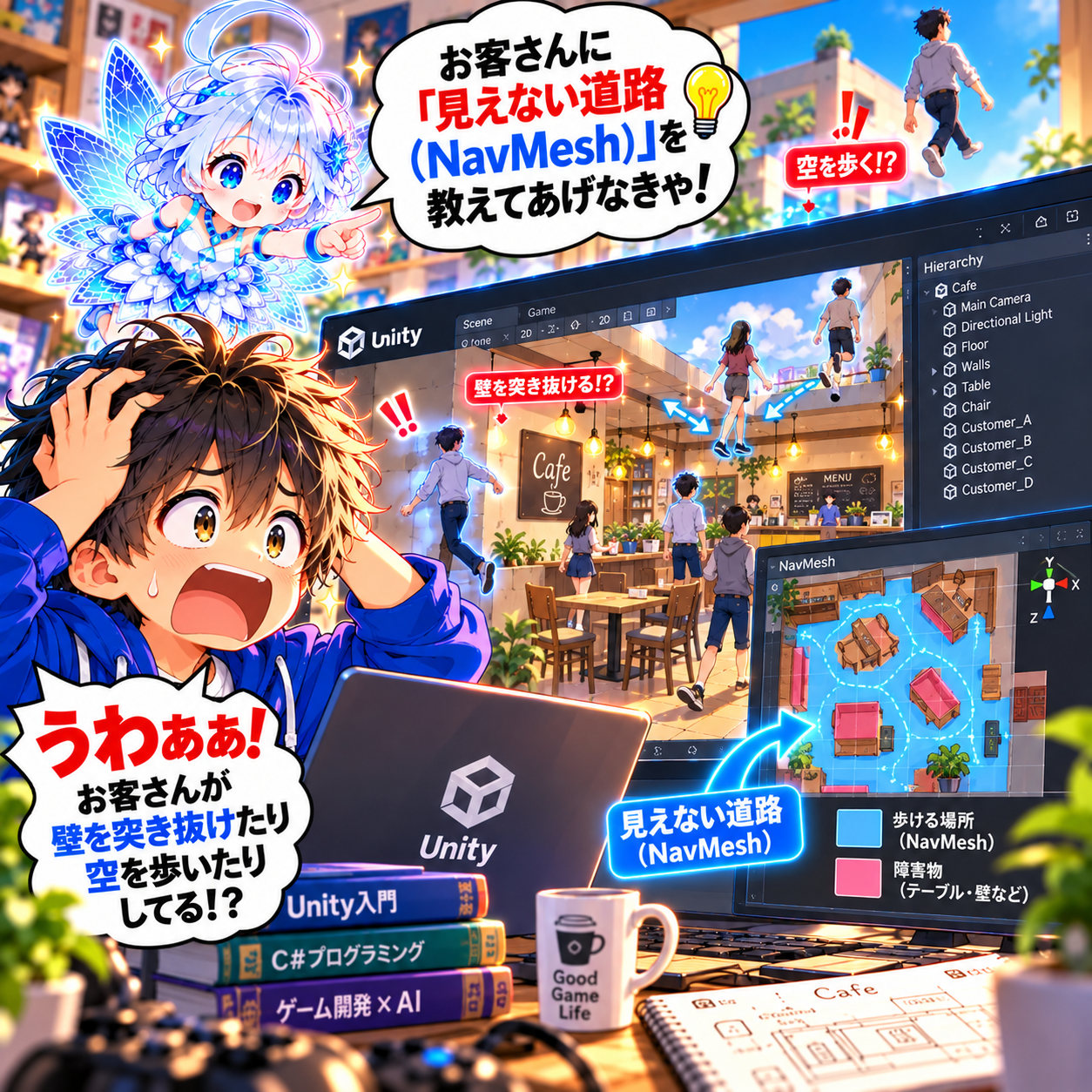 コマ25: うわぁぁ！お客さんが壁を突き抜けたり空を歩いたりしてる！？NavMesh見えない道路