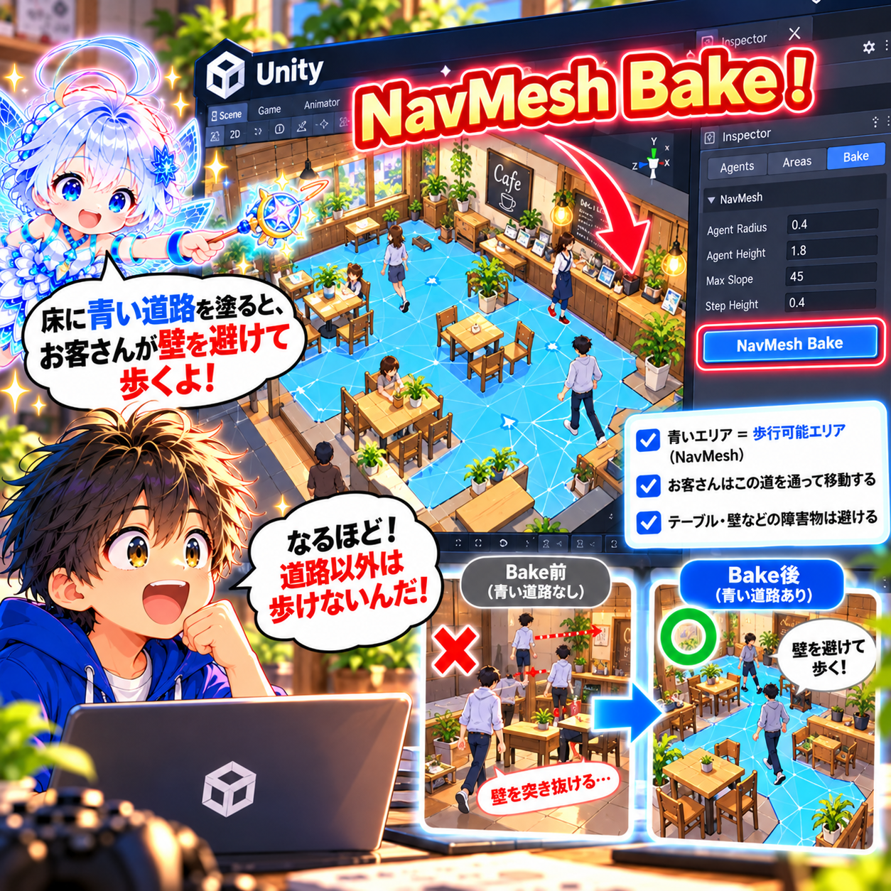 コマ26: NavMesh Bake！床に青い道路を塗るとお客さんが壁を避けて歩くよ！