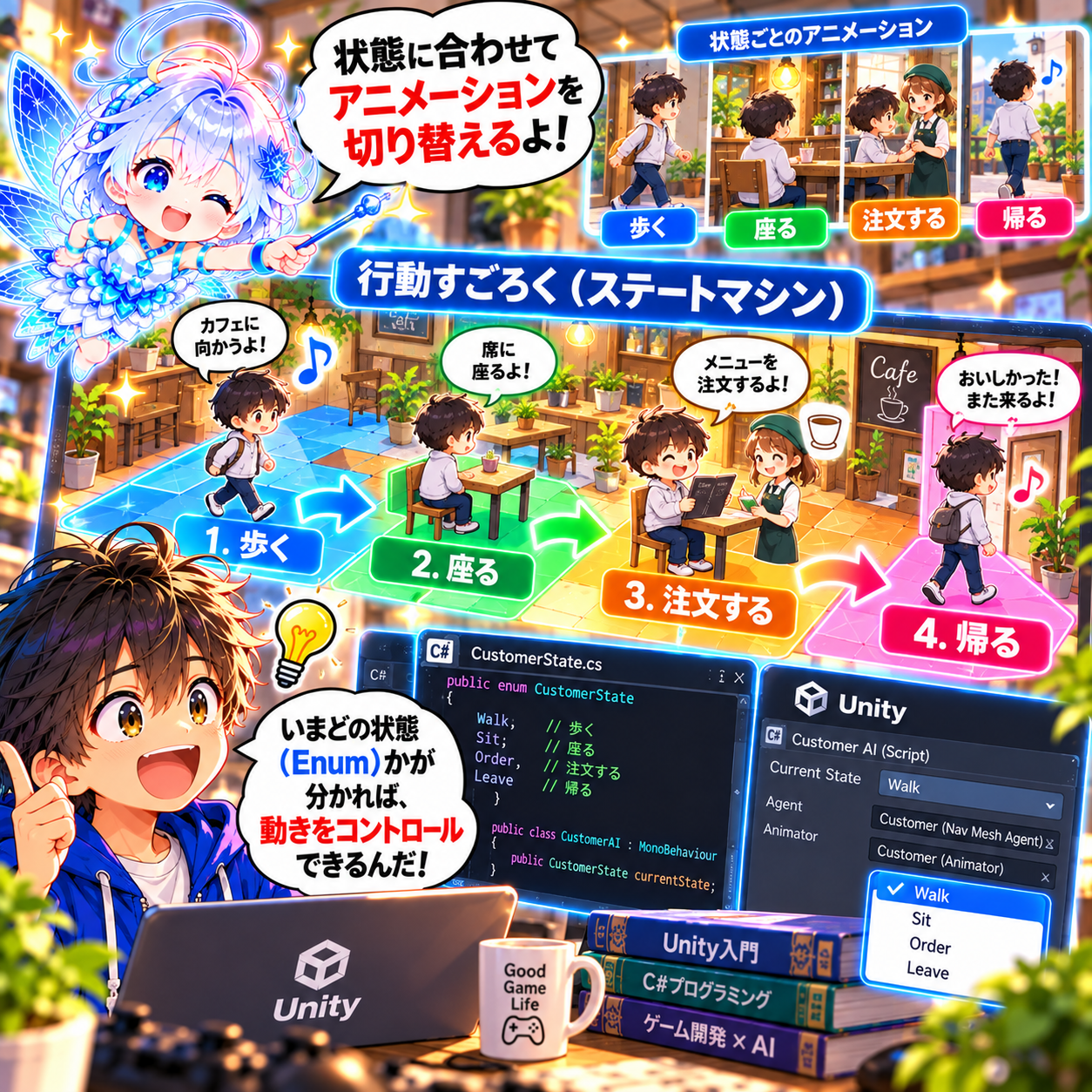 コマ27: 行動すごろく（ステートマシン・Enum）で『歩く・座る・注文する・帰る』を切り替える