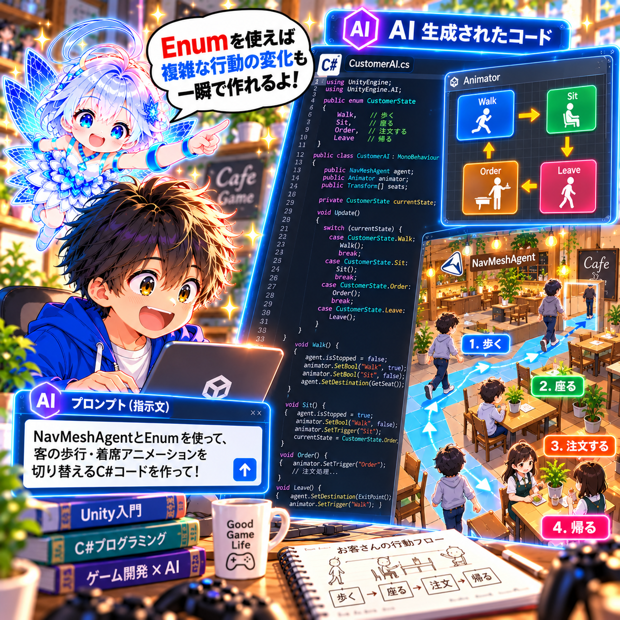 コマ28: Enumを使えば複雑な行動の変化も一瞬で作れるよ！AIプロンプト