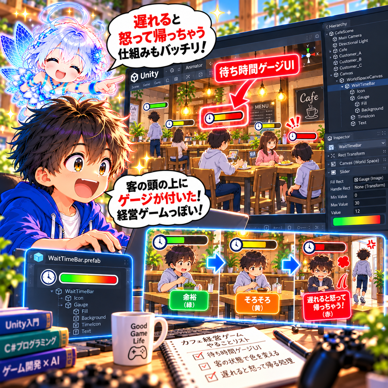 コマ29: 遅れると怒って帰っちゃう仕組みもバッチリ！待ち時間ゲージUI（緑・黄・赤）