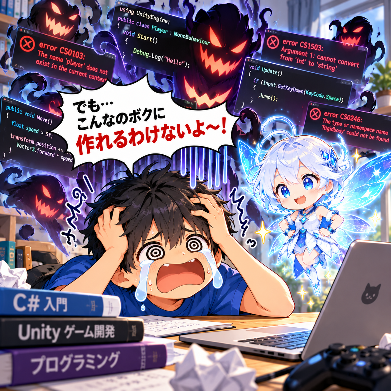コマ3: でも…こんなのボクに作れるわけないよ〜！大量のエラーコードに泣く主人公