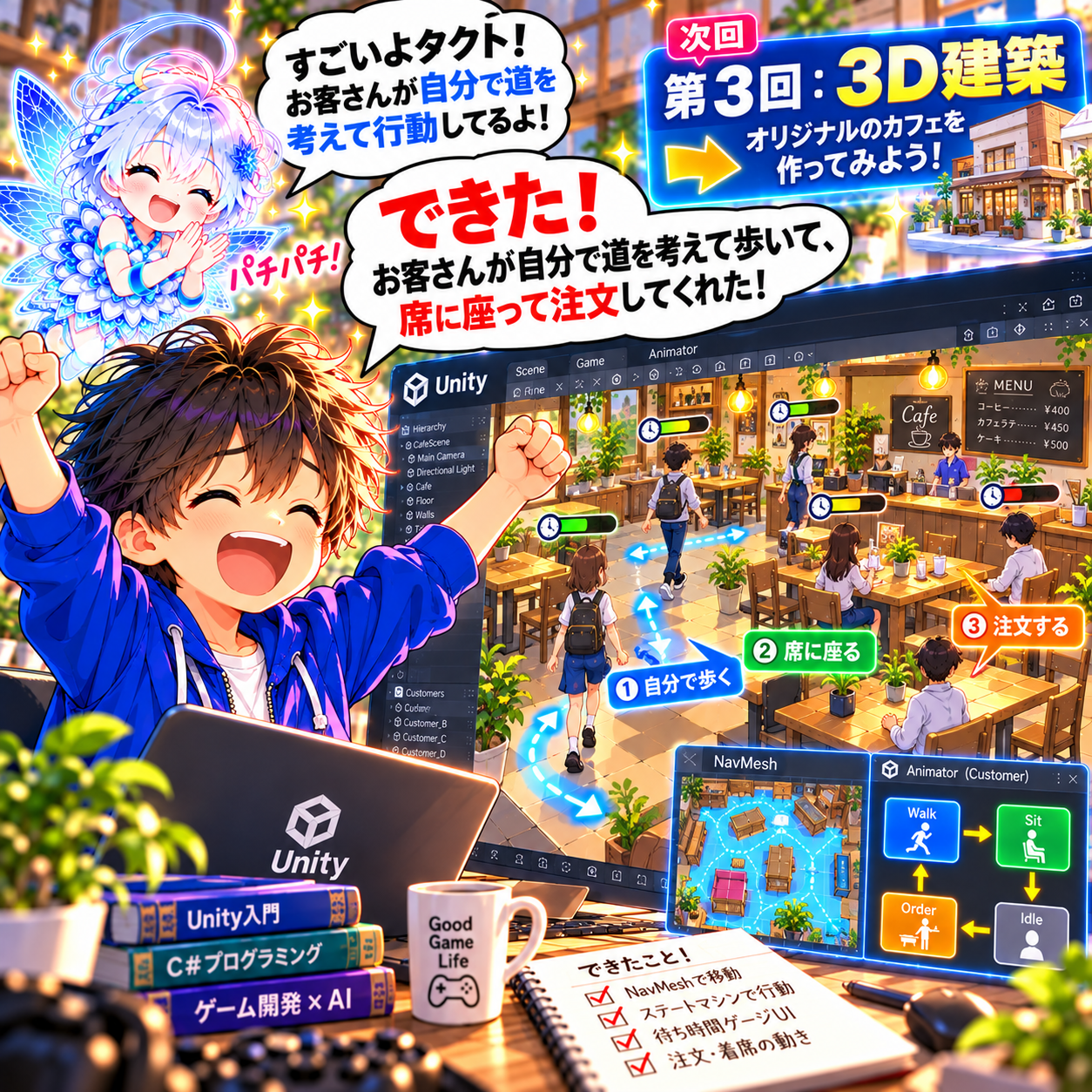 コマ30: できた！お客さんが自分で道を考えて歩いて席に座って注文してくれた！次回 第3回 3D建築