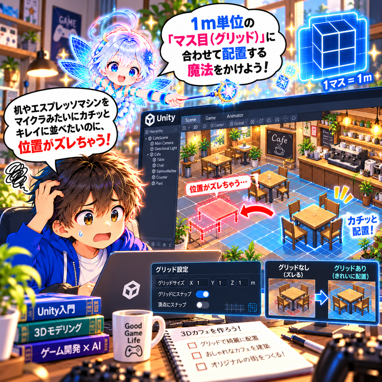 コマ31: 1m単位のマス目（グリッド）に合わせて配置する魔法をかけよう！