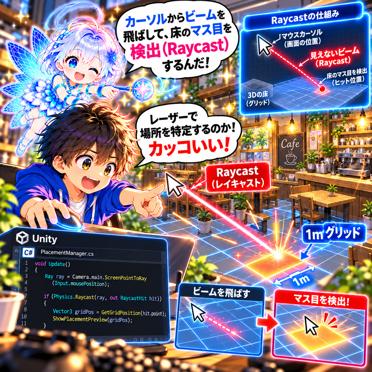 コマ32: カーソルからビームを飛ばして床のマス目を検出（Raycast）するんだ！レーザーで場所を特定！
