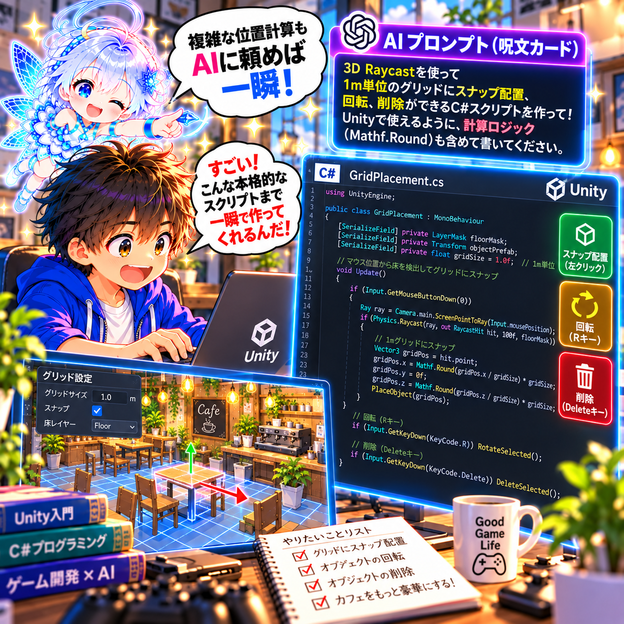 コマ33: 複雑な位置計算もAIに頼めば一瞬！スナップ配置・回転・削除コード