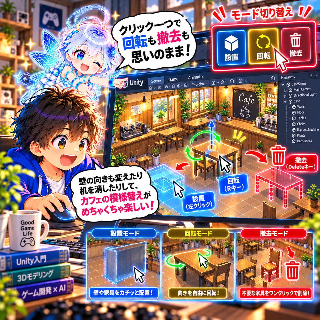 コマ35: クリック一つで回転も撤去も思いのまま！設置・回転・撤去モード切替