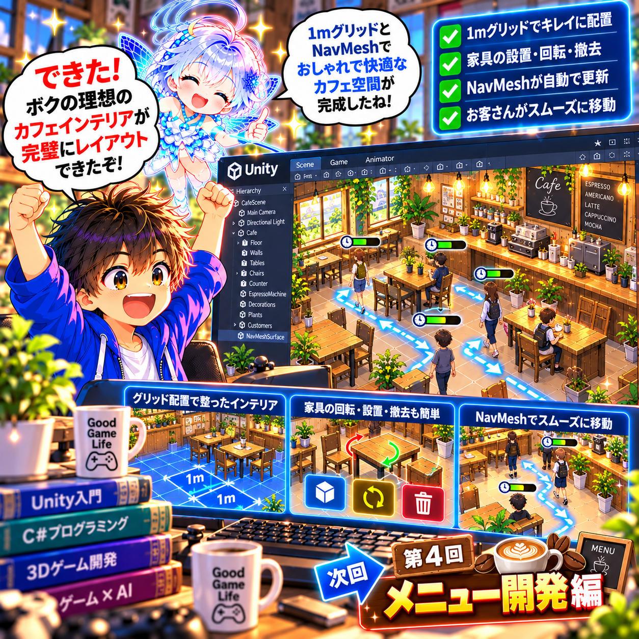 コマ36: できた！ボクの理想のカフェインテリアが完璧にレイアウトできたぞ！次回 第4回 メニュー開発編