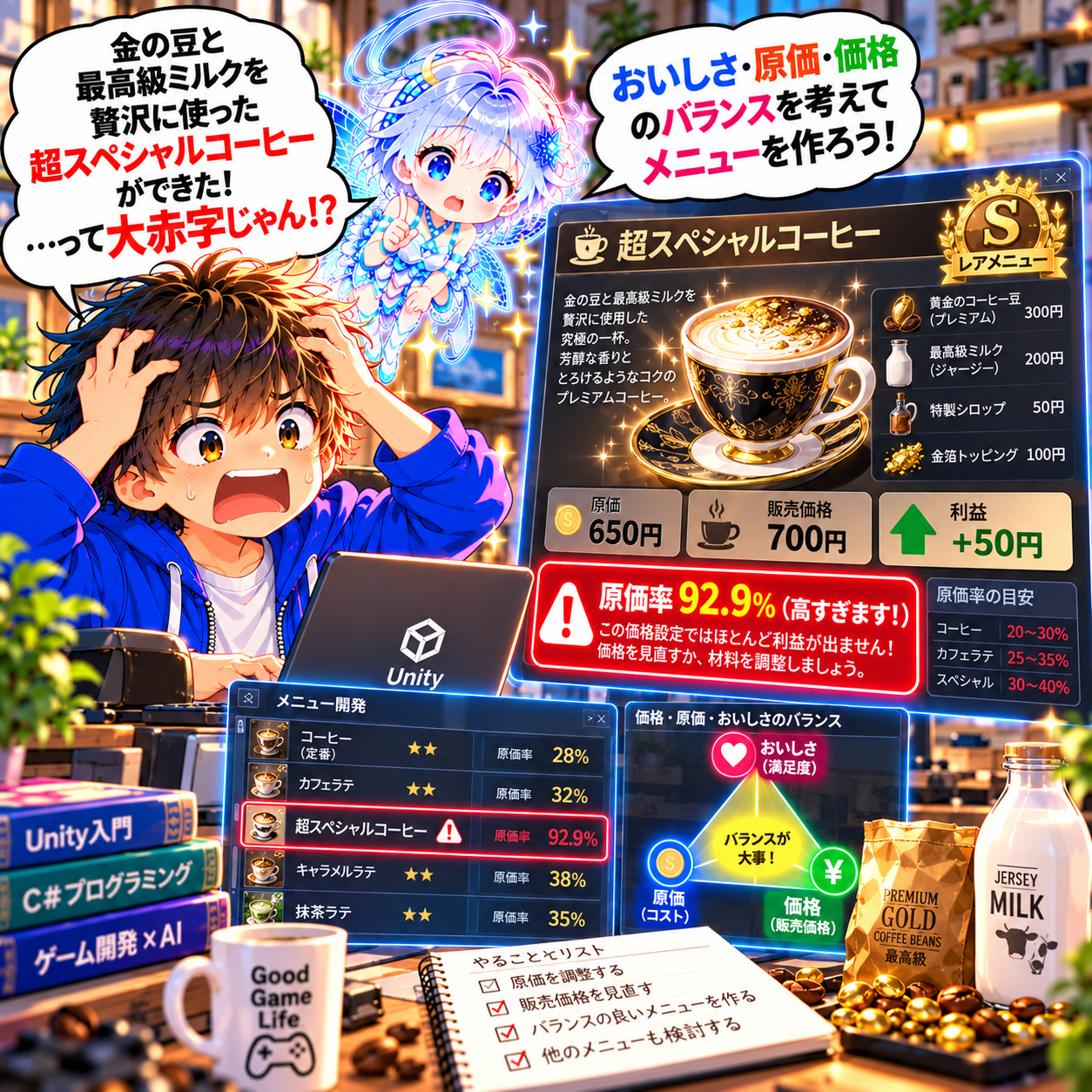 コマ37: 超スペシャルコーヒーができた！…って大赤字じゃん！？原価率92.9%！バランスが大事！
