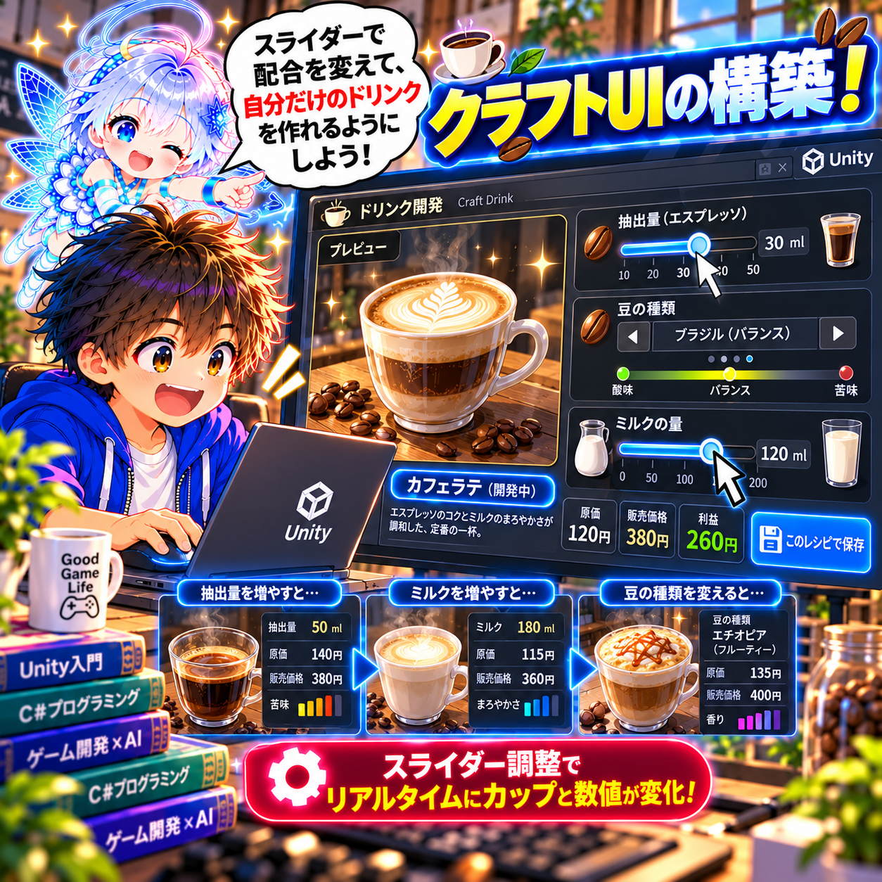 コマ38: クラフトUIの構築！スライダーで配合を変えて自分だけのドリンクを作ろう！