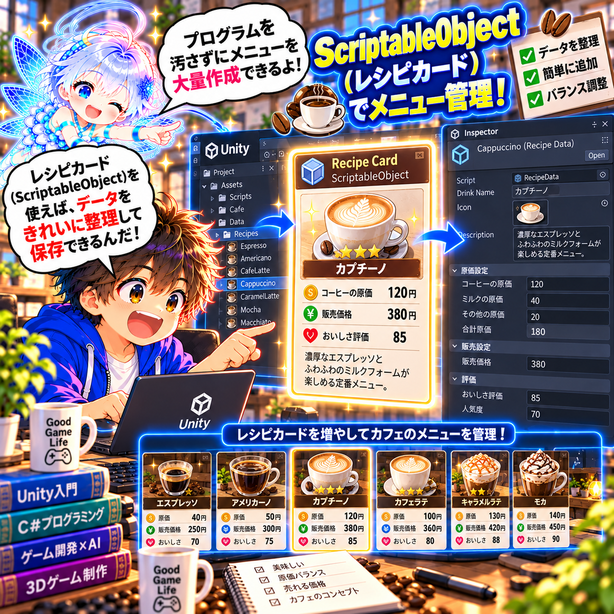 コマ39: ScriptableObject（レシピカード）でメニュー管理！プログラムを汚さず大量作成！