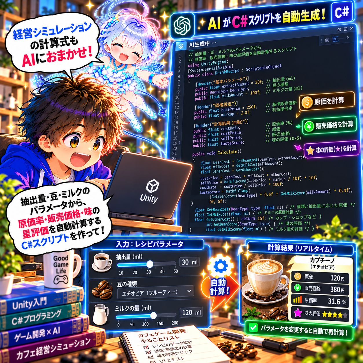 コマ40: 経営シミュレーションの計算式もAIにおまかせ！原価率・販売価格・味の評価を自動計算