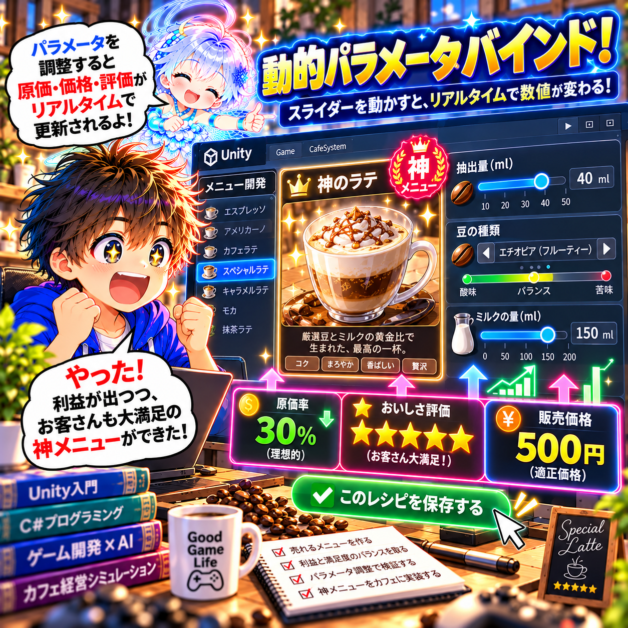 コマ41: 動的パラメータバインド！やった！利益が出つつお客さんも大満足の神メニューができた！