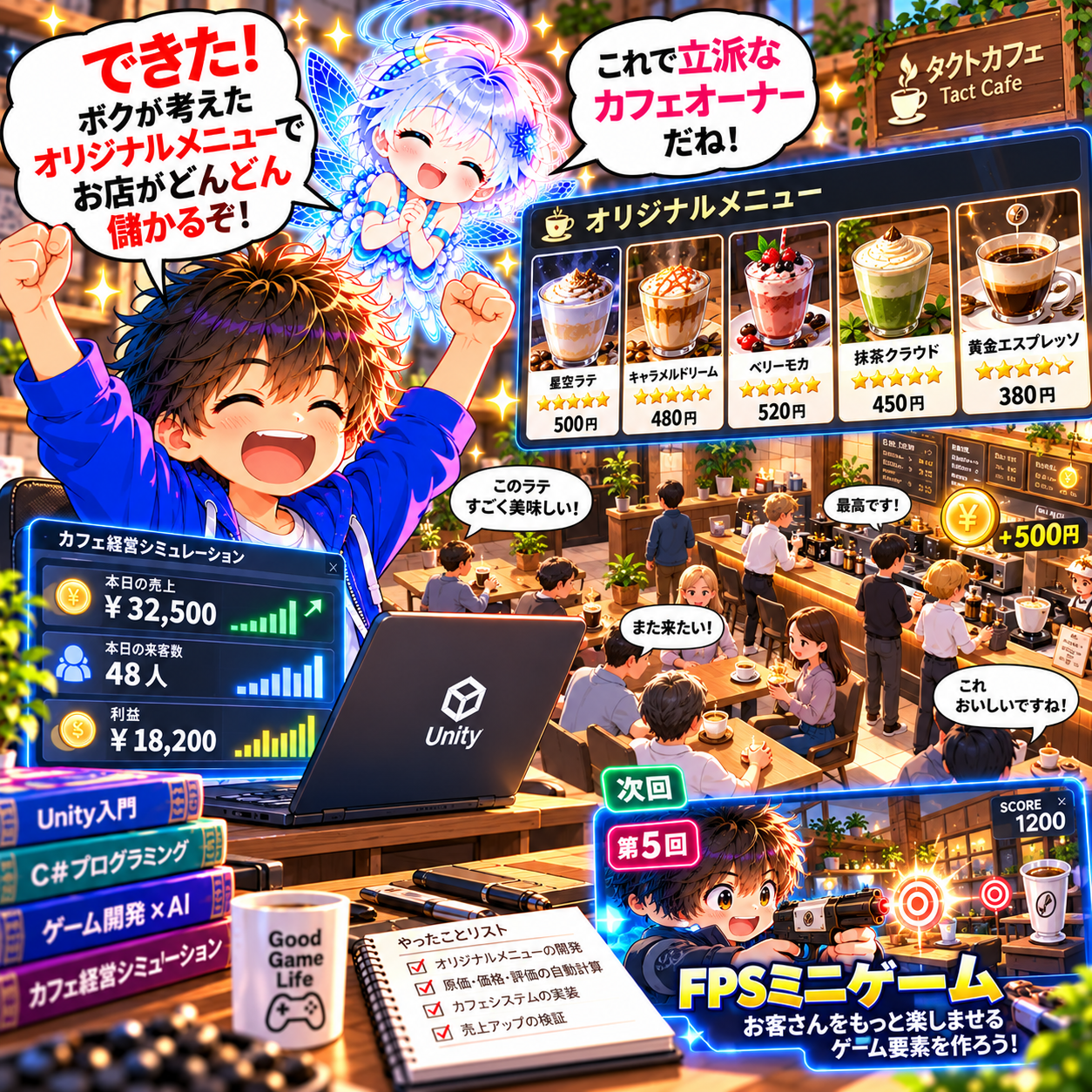 コマ42: できた！ボクが考えたオリジナルメニューでお店がどんどん儲かるぞ！次回 第5回 FPSミニゲーム