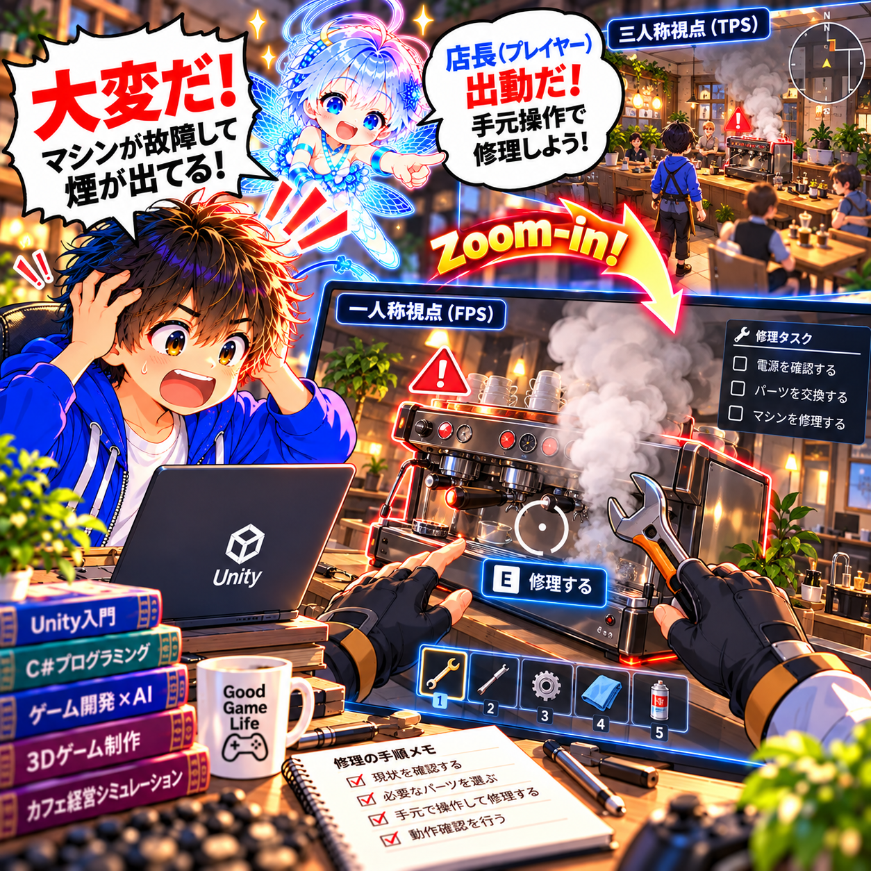 コマ43: 大変だ！マシンが故障して煙が出てる！一人称視点（FPS）にズームインして手元操作で修理しよう！