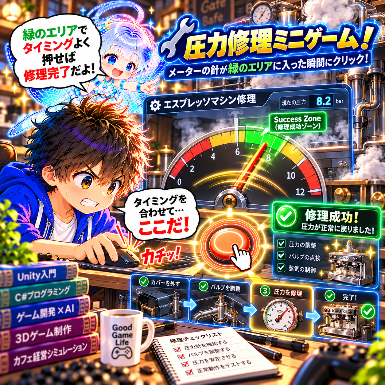 コマ44: 圧力修理ミニゲーム！メーターの針が緑のエリアに入った瞬間にクリック！