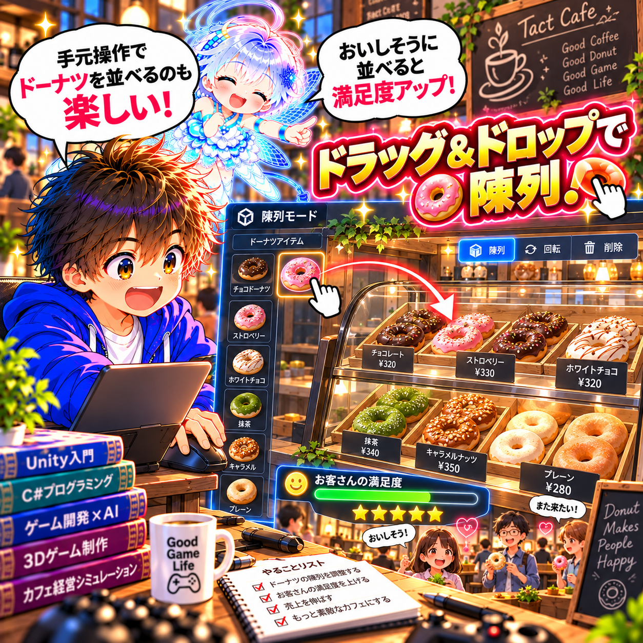 コマ45: ドラッグ＆ドロップでドーナツ陳列！おいしそうに並べると満足度アップ！