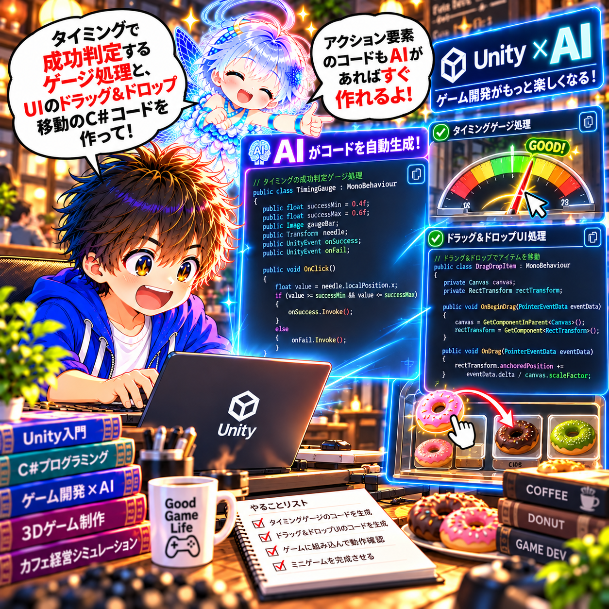 コマ46: タイミング成功判定ゲージ処理とドラッグ＆ドロップUIのC#コードをAIが自動生成！