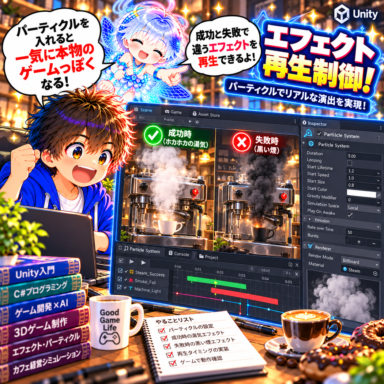 コマ47: エフェクト再生制御！パーティクル（湯気・黒い煙）を入れると一気に本物のゲームっぽくなる！