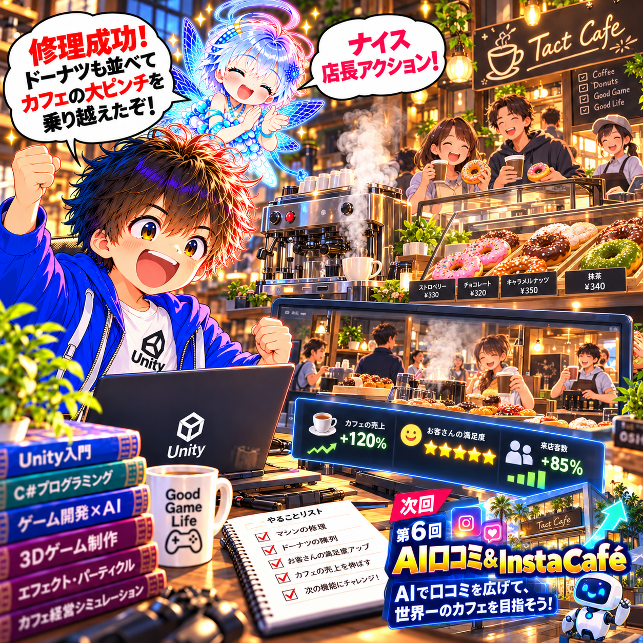 コマ48: 修理成功！カフェの大ピンチを乗り越えたぞ！次回 第6回 AI口コミ＆InstaCafé