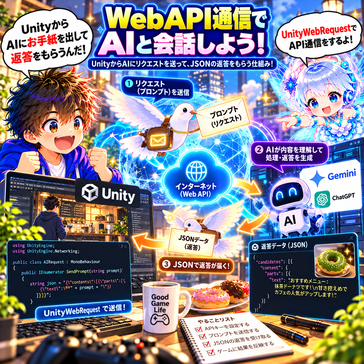 コマ49: WebAPI通信でAIとお会話しよう！UnityWebRequestでプロンプト送信＆JSON返答を受け取る