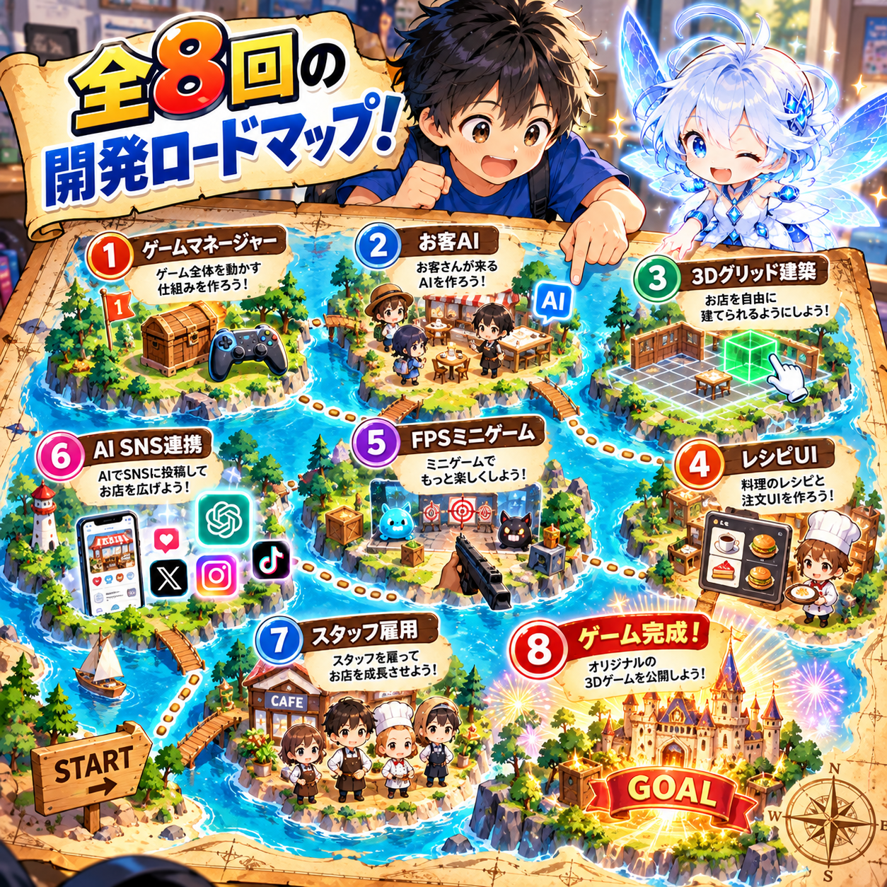 コマ5: 全8回の開発ロードマップ！1から8までの成長マップ