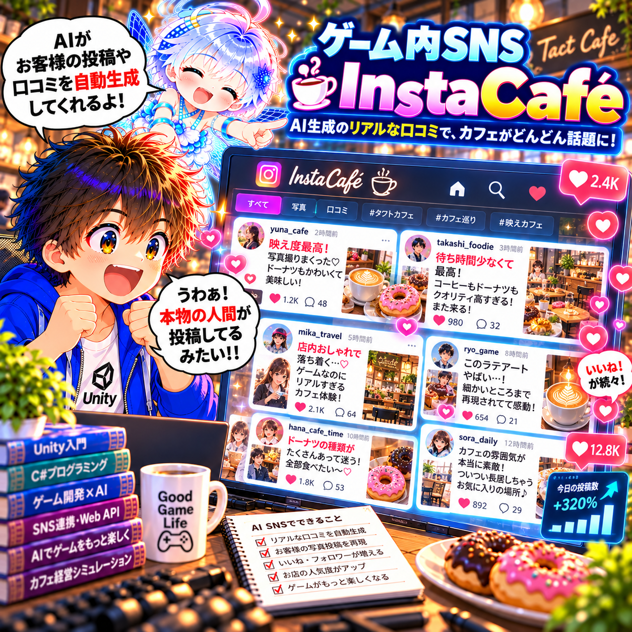 コマ52: ゲーム内SNS InstaCafé！AI生成のリアルな口コミでカフェがどんどん話題に！