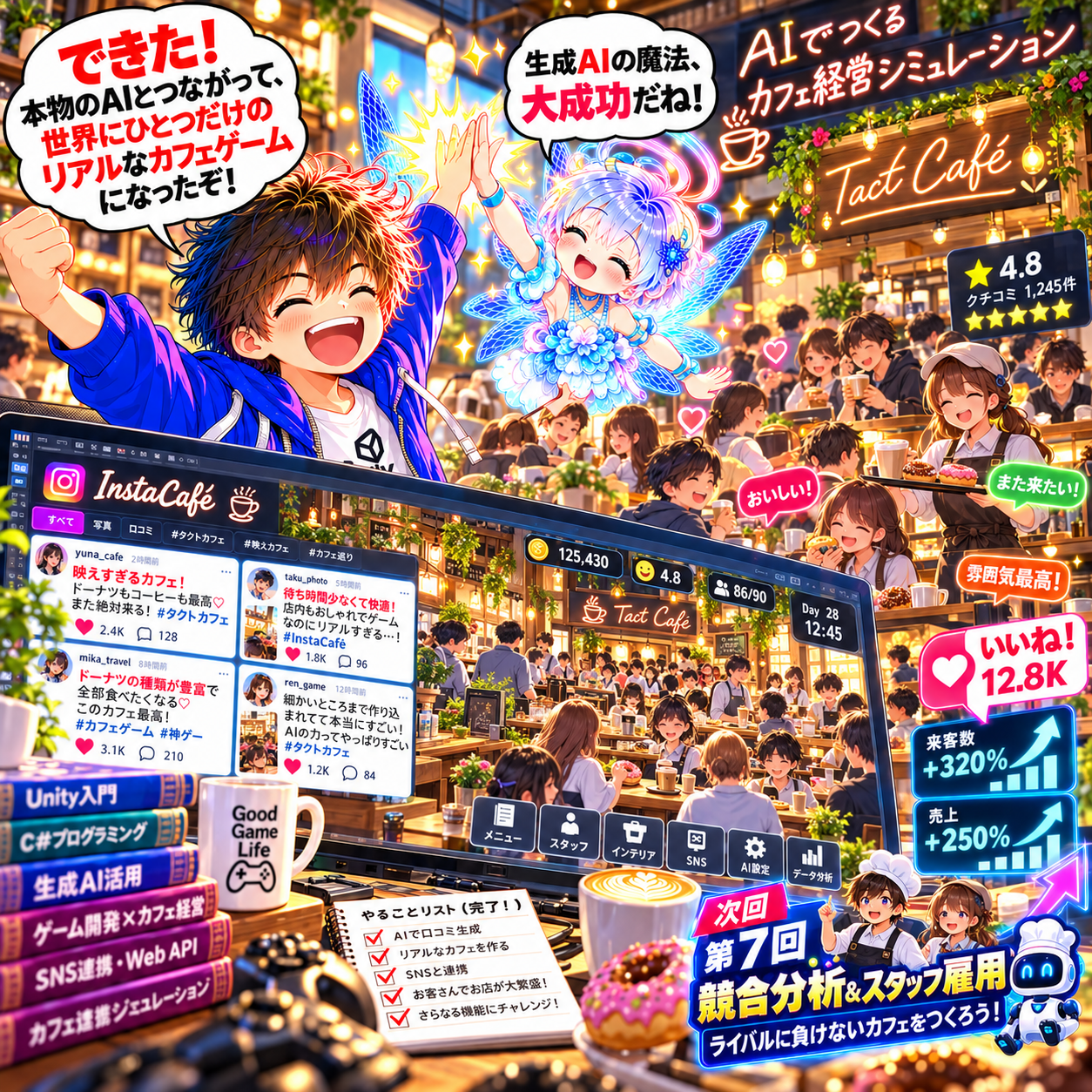 コマ53: できた！本物のAIとつながって世界にひとつだけのリアルなカフェゲームになったぞ！次回 第7回 競合分析