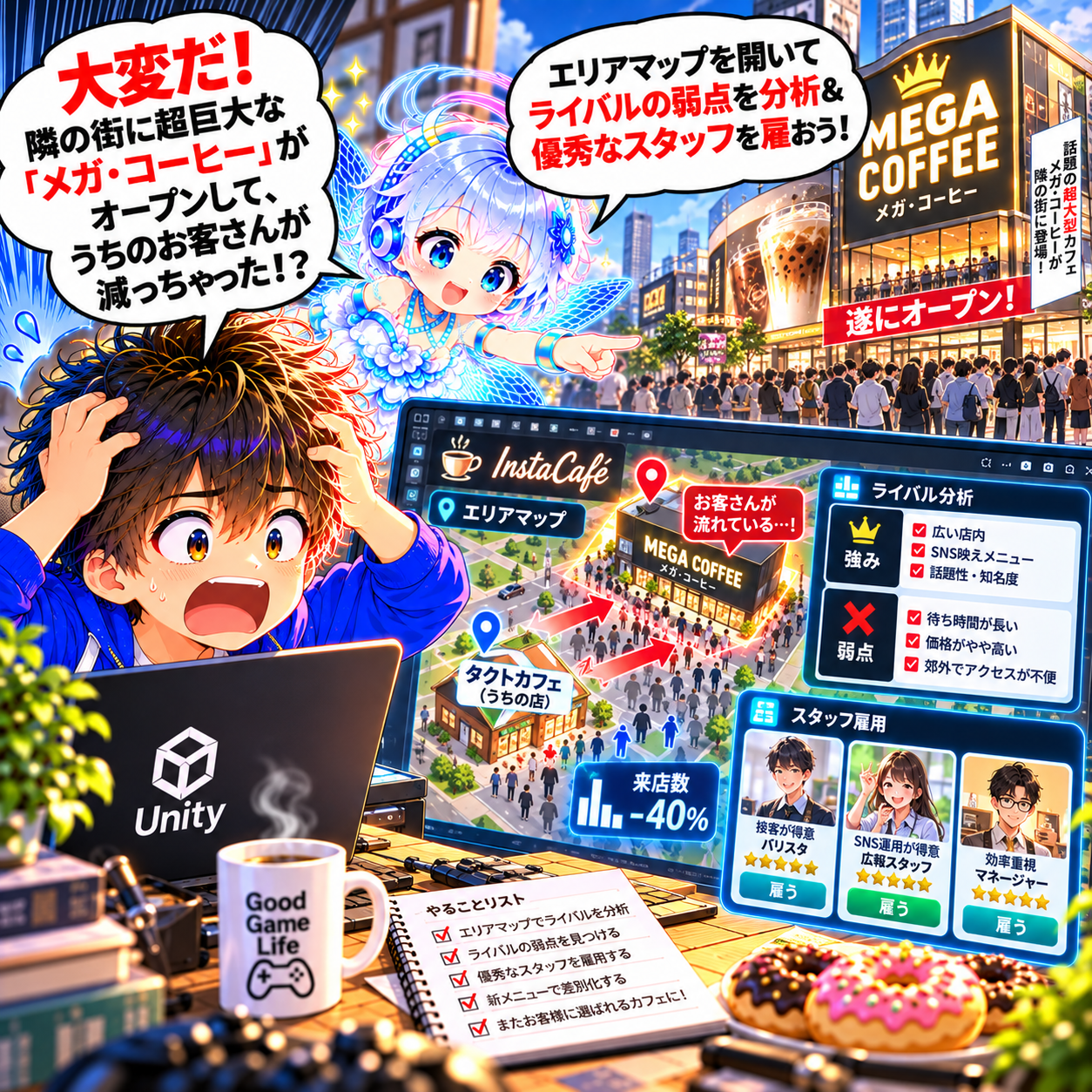 コマ54: 大変だ！隣の街に超巨大なメガ・コーヒーがオープンしてお客さんが減っちゃった！？