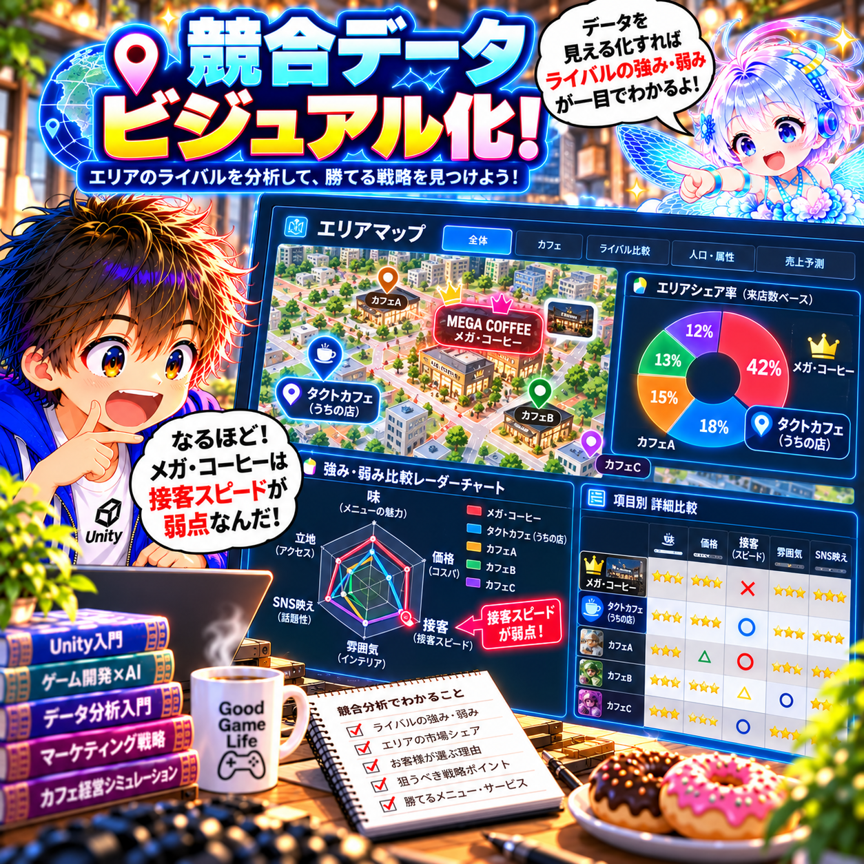 コマ55: 競合データビジュアル化！レーダーチャートでライバルの強み・弱み（接客スピード）が明確に！